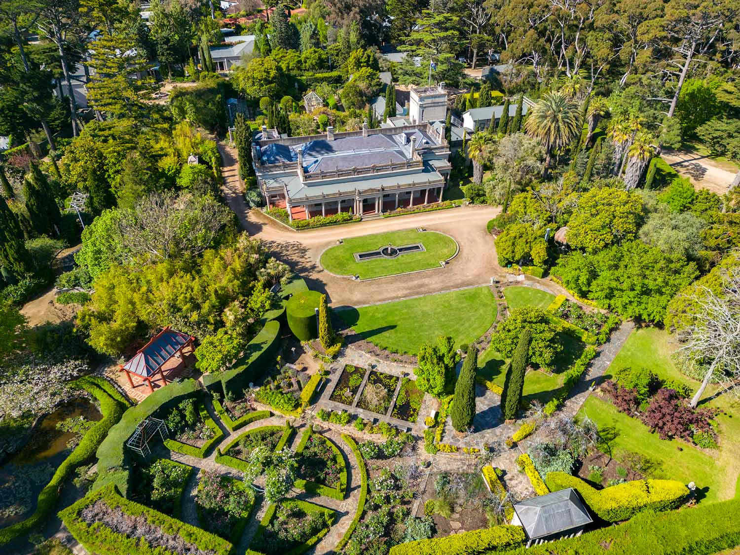 Beleura House aerial view over front garden